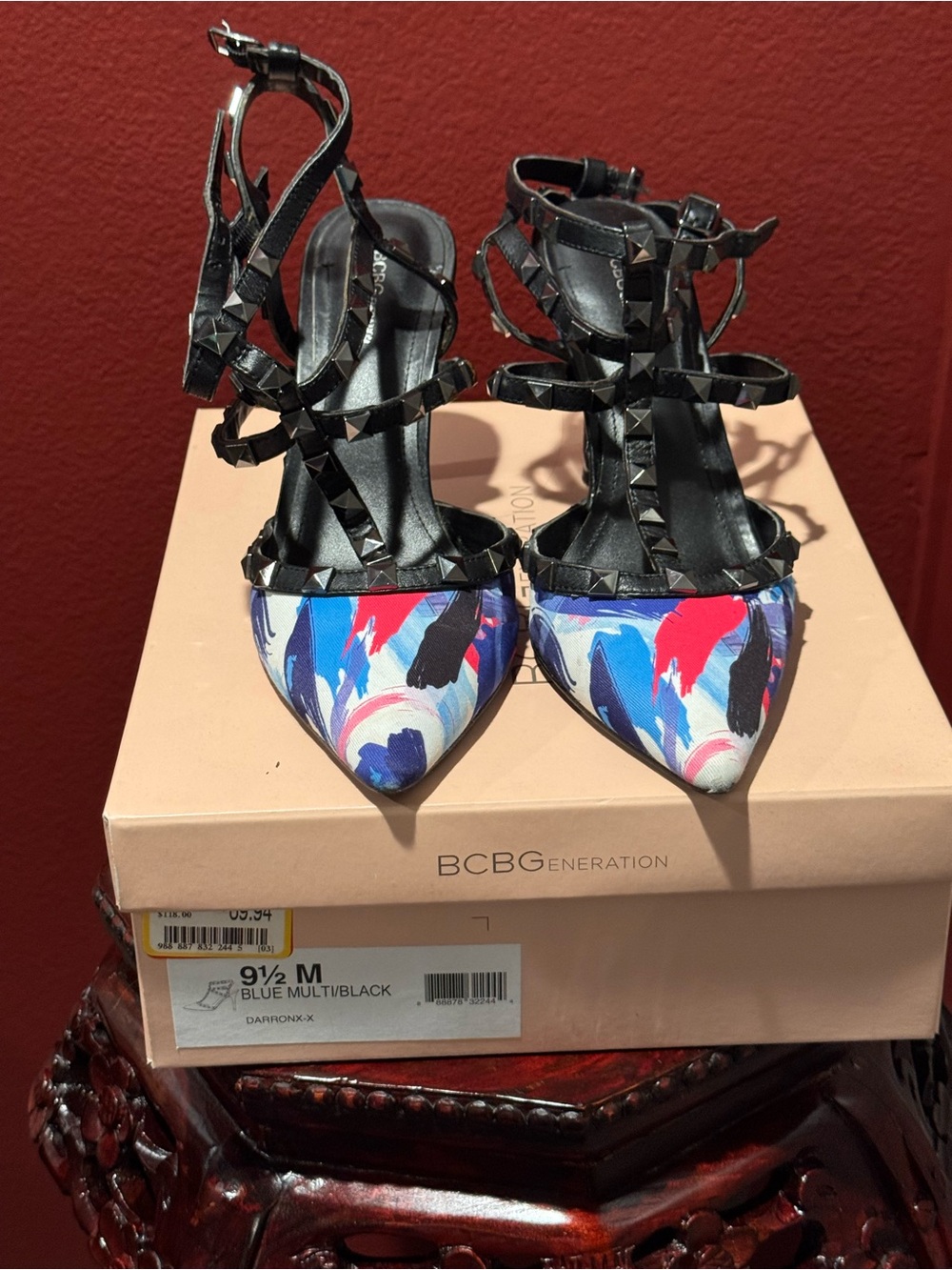 BCBGeneration Black Strappy Pointed-Toe Heels with Blue Multi Print
